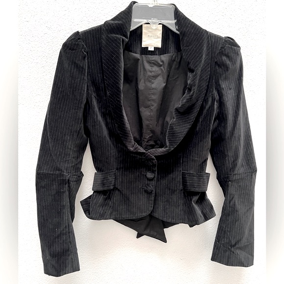 Vintage Michelle Mason Ruched Cinched Waisted Pinstripes Black Velvet Jacket